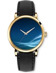 SPRAWL Aanalog Fashion Series Gold Ladies Watches of Genuine Black Leather Strap,Unique Wrist Watch for Women Girls Designed with Waves on dark blue background