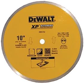 DeWalt DW4762 10-Inch Wet Cutting Continuous Rim Saw Blade with 5/8-Inch Arbor for Porcelain or Tile