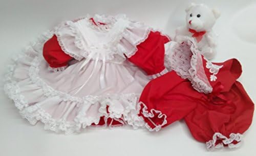24" Designer Doll Dress Bundle (5 pc) Red Dress, White with Lace Pinafore, Bonnet, Panties, Plush Puppy