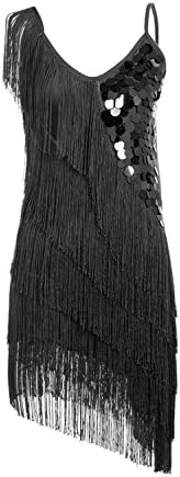 Straip Womens Sparkly Sequin Scalloped Fringe Latin Dance Costume Flapper Dress, XS, Black