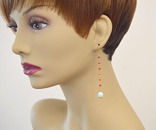 Long ruby beaded chain linear drop earring with Amazonite dangle