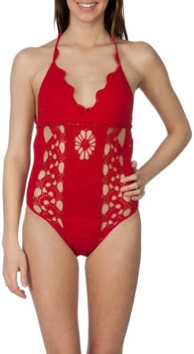 Womens Sexy Cut Out Lace Motif Crochet One Piece Swimsuit Red Large