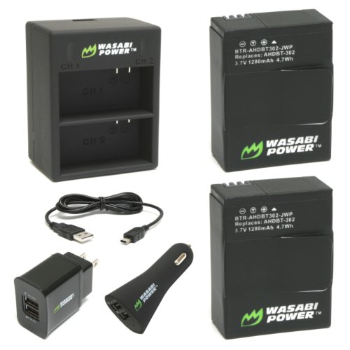 Wasabi Power Battery (2-Pack) and Dual Charger for GoPro Hero3, Hero3+ and GoPro AHDBT-201, AHDBT-301, AHDBT-302, AHBBP-301, ACARC-001, AWALC-001 (with Car and US Plug)