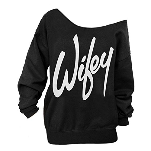 AJ FASHION Women's Wifey Shirt Letter Print Off the Shoulder Slouchy Pullovers, Black, XXX-Large