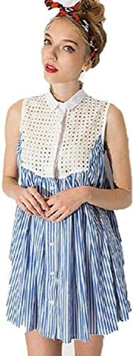 Plusasa Women Fashion Pinstripe High Collar Shirt Front Bottons Dress,White,S