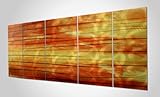 IMAGE OF Intense Modern Wall Art 'Momentum' - 60x24in. - Large Wall Painting on Metallic Polyptych Panels. Fiery Abstract Design, Horizontal Line Pattern with Burning Reds, Yellows and Oranges. Ultra-Modern Artwork.