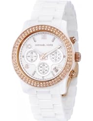 Michael Kors Womens White Ceramic Link Bracelet Quartz Chronograph Two Tone Crystal MK5269