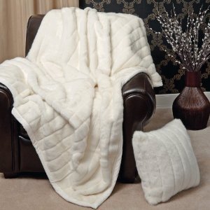 MINK FAUX FUR THERMAL THROW BLANKET - Light Beige / Off White / White