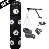 PS 6 pcs Black target 5ft Boxing Punch Bag Set filled, Boxing Gloves, heavy duty wall hanging bracket, hanging chain, Hand Wrap, Skipping Rope kickboxing martial arts.