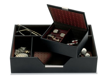 Black leather valet tray and cufflinks storage or presentation case by Wolf Designs