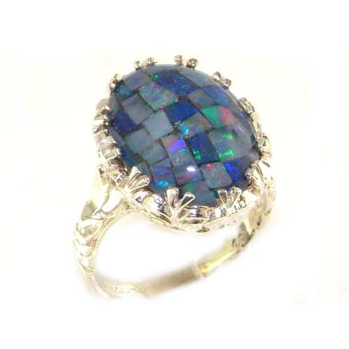 Luxury Solid Sterling Silver Large 16x12mm Oval Mosaic Opal Ring - Finger Sizes 5 to 12 Available