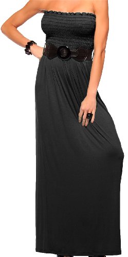 LONG BLACK MAXI BOHO GOWN SEXY SUN VINTAGE STRAPLESS CELEBRITY TUBE DRESS WITH BELT
