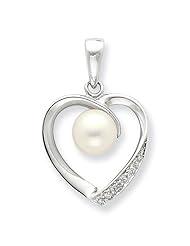 Sterling Silver 6mm Fw Cultured Pearl & Diamond Heart Pendant