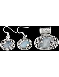 Rainbow Moonstone Pendant with Matching Earrings Set - Sterling Silver