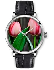 SPRAWL Aanalog Fashion Series Silver Ladies Watches of Genuine Black Leather Strap,Unique Wrist Watch for Women Girls Designed with red Tulips