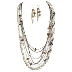 Multi Bead And Chain Rhodium Long 28" Necklace and Earrings Set Fashion Jewelry