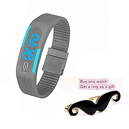 Bessky Unisex Rubber Blue LED Watch Date Sports Bracelet Digital Wrist Watch Gray