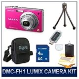 Panasonic LUMIX DMC-FH1 Digital Camera (Pink), 12 MP, 5x Wide Angle Optical Zoom Lens, 2.7 LCD, HD Video Recording, Deluxe Carrying Case, 4 GB Memory Card, Card Reader, Mini Tripod, & 3pc. Lens Cleaning Kit