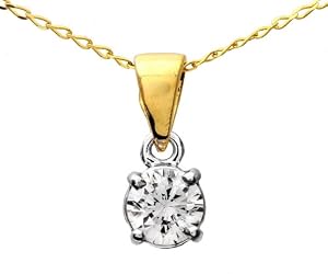 Certified Stylish 9 ct Gold Ladies Solitaire Diamond Pendant + Chain Brilliant Cut 0.50 Carat HI-SI3-I2 - 4mm*4mm Chain 40 CM