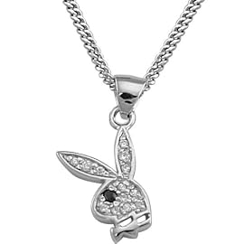 Sterling Silver Playboy Necklace with Crystal Playboy Bunny Logo Pendant Charm Authentic Licensed Playboy Jewelry SPBN214BK