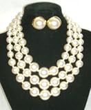 Three Strand Ivory Cultured Graduated Simulated Ivory Pearl Separated By Small Gold Beads Short Chain Necklace and Earrings for Women and Teens