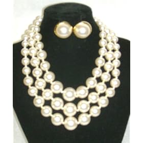 Three Strand Ivory Cultured Graduated Simulated Ivory Pearl Separated By Small Gold Beads Short...