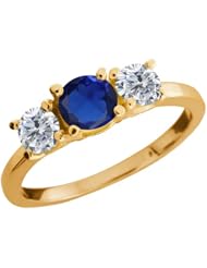 1.09 Ct Round Blue Created Sapphire G/H Diamond 18K Yellow Gold Ring