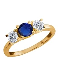 1.09 Ct Round Blue Created Sapphire G/H Diamond 18K Yellow Gold Ring