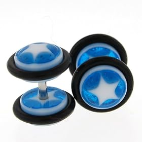 Fake Acrylic Plugs - Blue/White with White Star 16g Wire; 9mm - Sold as a Pair