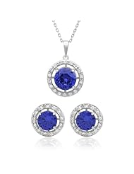 Sterling Silver Round Purple Pave CZ Halo Earrring and Necklace Set
