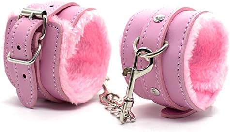 MASY Leather Fuzzy Handcuffs For Sex With Fur Buckle Locking Restraints Gifts(Pink)