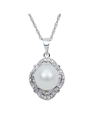 White Freshwater Pearl and CZ Oval Sterling Silver Decorative Pendant on 18" Necklace, Free Shipping and Gift Box
