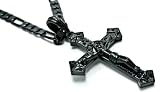 24" Inch Length Jet Black Simulated Diamond CZ Crucifix on Pointed Cross Pendant Necklace, Figaro Link Chain, Tarnish Resistant Coating