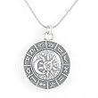 Round Astrological or Zodiac Wheel with Sun and Crescent Moon Pendant / Necklace in Sterling Silver on 20" Rhodium and Sterling Snake Chain for Men and Women, #8126