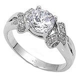 (ARCZ103021) Stunning Silver Engagement Ring, Designed with a Round Center Stone and Round Side Stones, Crafted with AAAAA Diamond-Colored Cubic Zirconia, 3.00 Carat Total Weight, Made with Authentic .925 Sterling Silver, Ring Size -