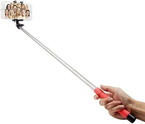 Mabee Foldable Extendable Wireless Bluetooth Selfie Stick with Built-in Wireless Bluetooth Remote Shutter with Adjustable Phone Holder - Red