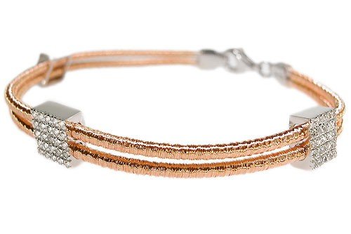 18K Rose Gold Double-Strand, Hand-Woven Mesh Bracelet, Designed With Three Square Shaped White-Gold Stations, Enhanced With Pave Set Diamonds. ( GH-Color, SI-Clarity; c.t.tw.0.60 CT ).