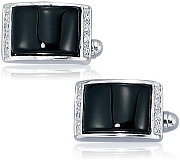 Men's Sterling Silver Rectangular Curved Black Onyx White CZ Cushion Cufflinks
