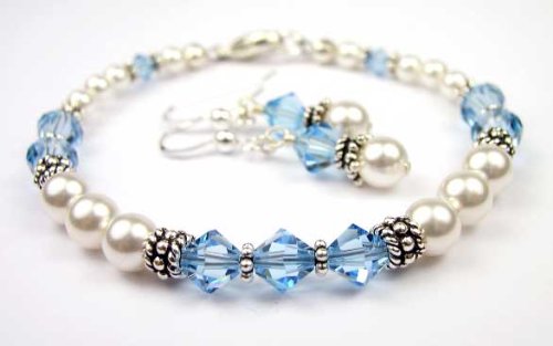 March Aquamarine Birthstone Bracelets and Earring SETS: Swarovski Crystal Beaded Pearl Bracelets in Sterling Silver