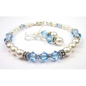 Aquamarine Bracelets and Earring SETS: Swarovski Crystal Beaded Pearl Bracelets in Sterling Silver