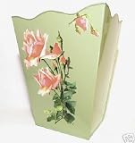 Vintage Style Wastebasket ~ Trashcan ~ Trash Holder ~ Trash Basket ~ Vintage Retro Green Enamel with French Vintage Roses.