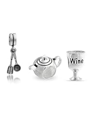 Bling Jewelry Silver Wine Glass Teapot Fork Spoon Foodie Bead Set Fits Pandora
