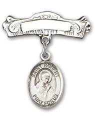 Sterling Silver Baby Badge with St. Robert Bellarmine Charm and Arched Polished Badge Pin