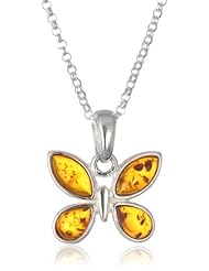 Sterling Silver Honey Amber Butterfly Pendant Necklace
