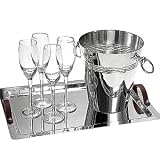 SET OF 4 CHAMPAGNE GLASSES WITH SILVER PLATED BUCKET AND TRAY