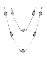 Sterling Silver Rhodium Plated 38"Chain Necklace with Aqua Chalcedony Stations