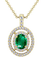 18K Yellow Gold Oval Cut Emerald And Round Diamond Pendant