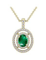 14K Yellow Gold Oval Cut Emerald And Round Diamond Pendant