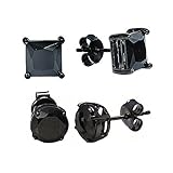 Black Rhodium Finish 925 Sterling Silver Stud Earrings Black Cubic Zirconia Princess and Round Stones Combo. 2.00 Carat Total Weight-2 Pairs of Earrings 4 Pieces.