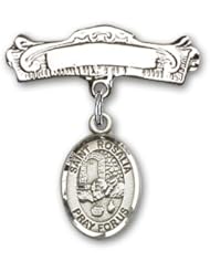 Sterling Silver Baby Badge with St. Rosalia Charm and Arched Polished Badge Pin